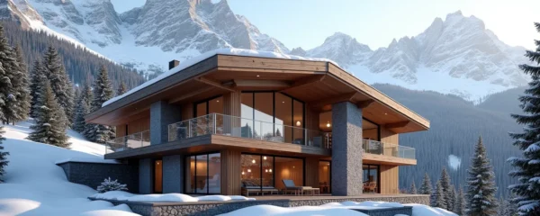 Chalet haut de gamme en bois et pierre naturelle niché dans un environnement montagnard avec vue panoramique