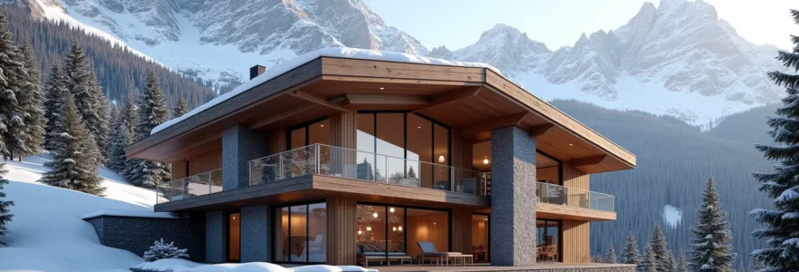 Chalet haut de gamme en bois et pierre naturelle niché dans un environnement montagnard avec vue panoramique