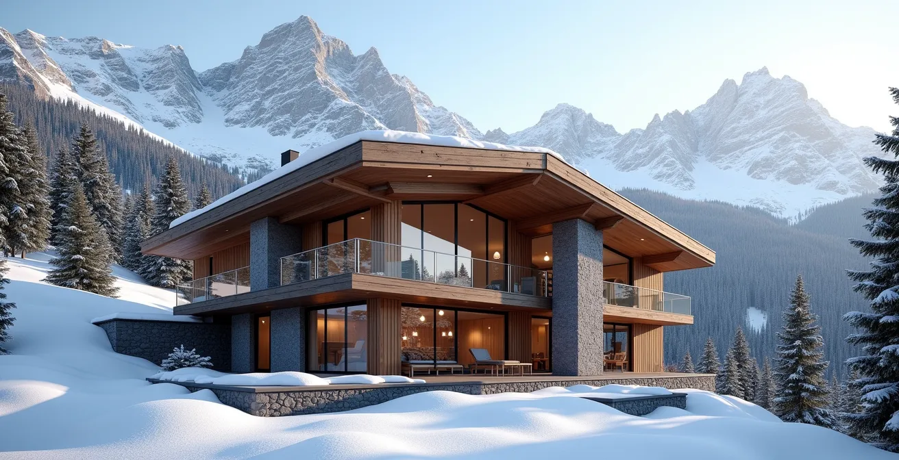Chalet haut de gamme en bois et pierre naturelle niché dans un environnement montagnard avec vue panoramique