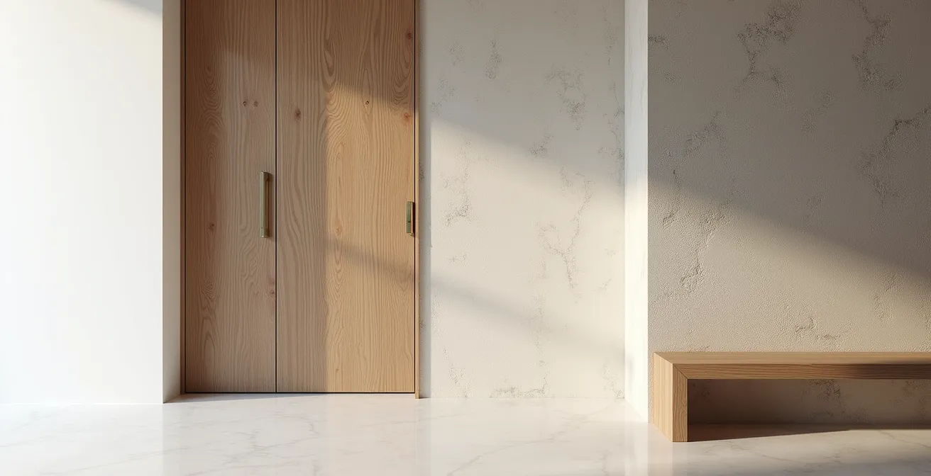 Association harmonieuse de matériaux nobles : bois naturel, pierre et textures contemporaines