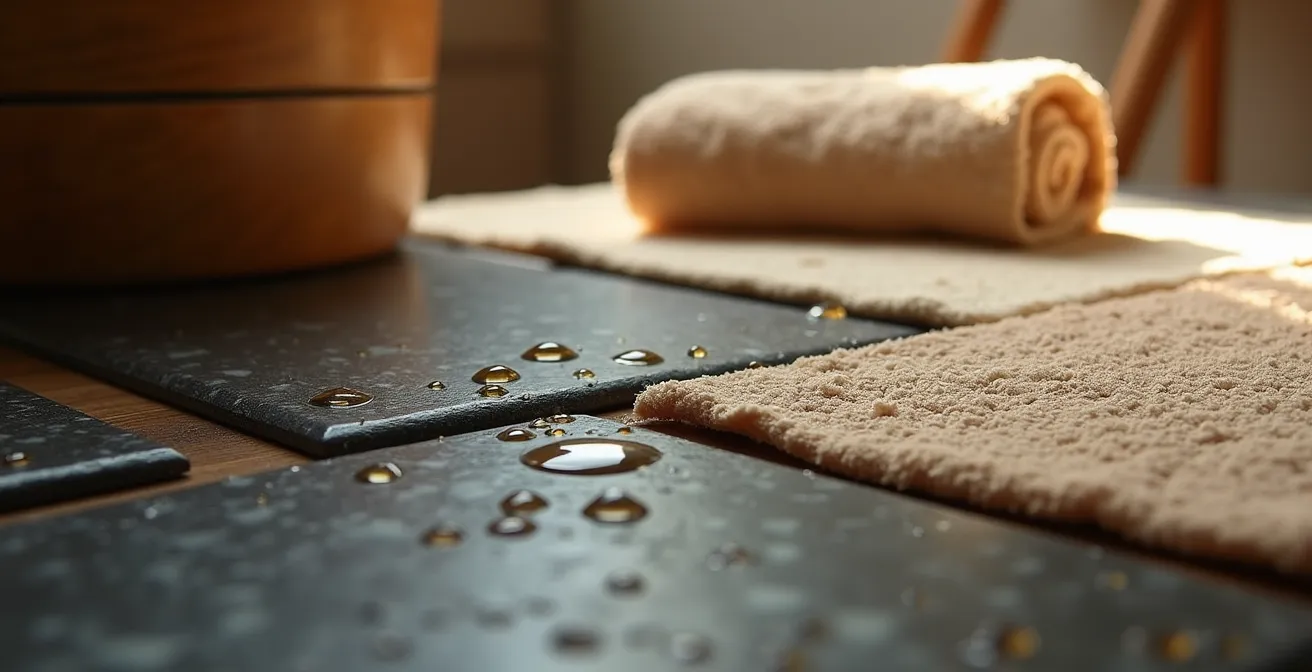 Détail matière et texture d'un espace wellness de chalet de luxe avec éléments naturels