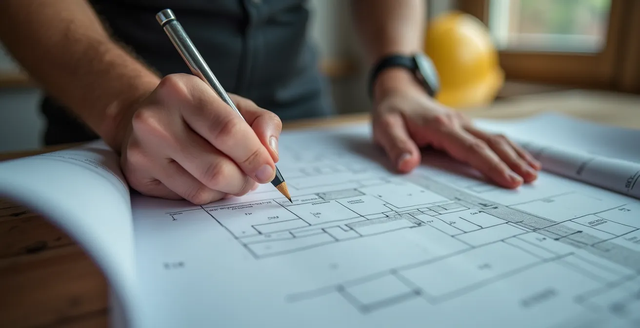 Personne concentrée examinant des plans de construction avec expression déterminée