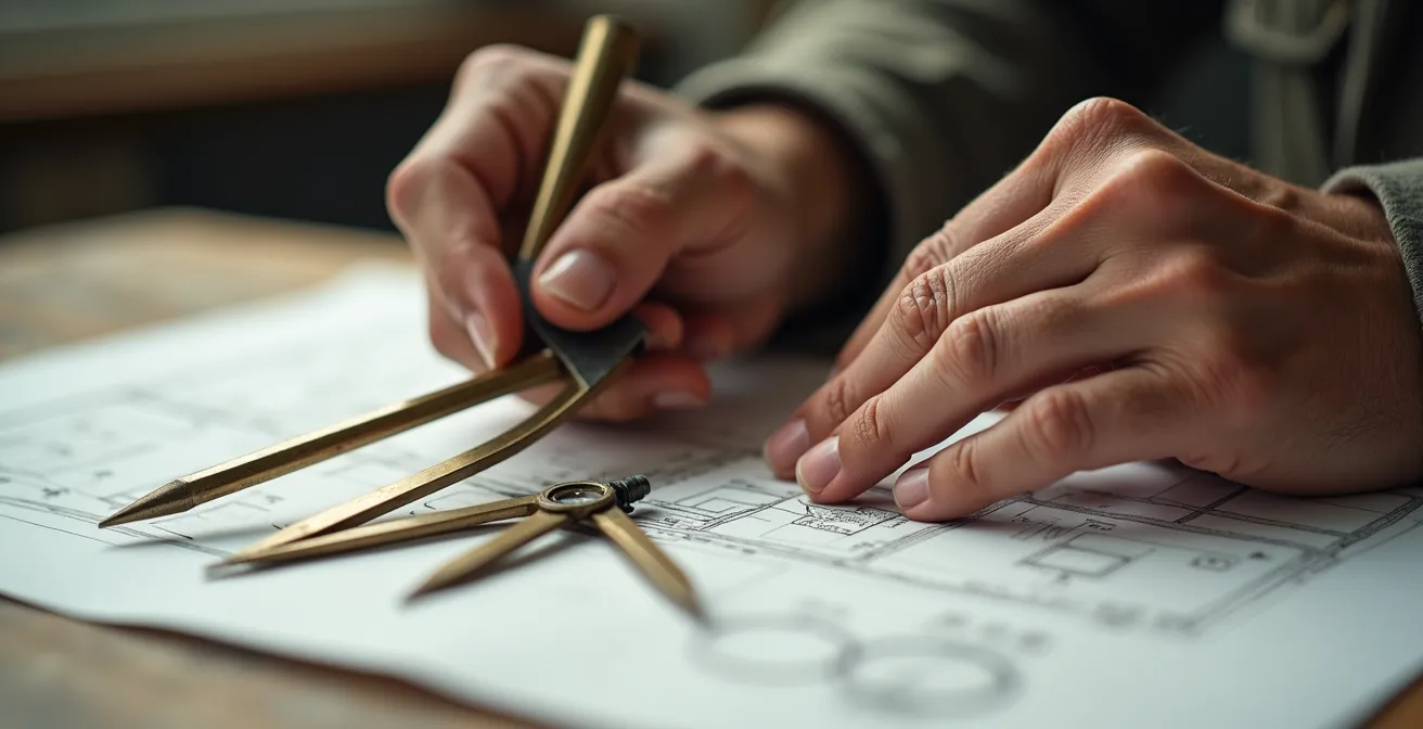 Gros plan sur les mains d'un architecte travaillant sur des plans de maison avec règle et compas
