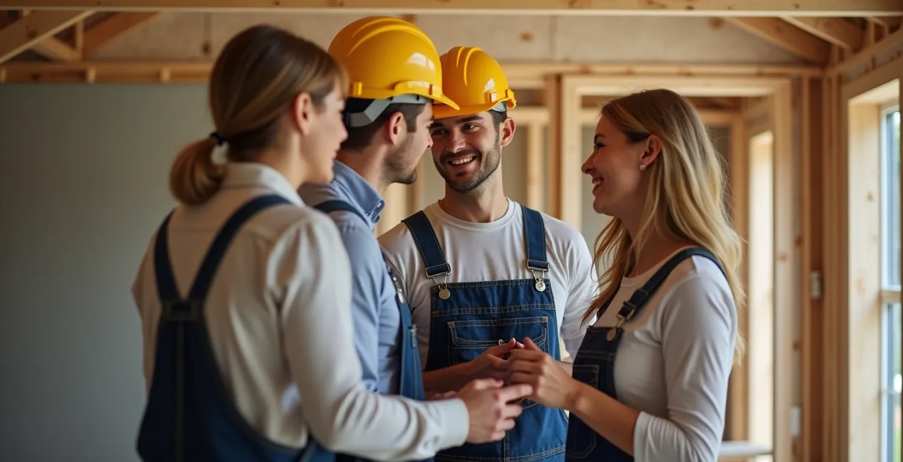 Entrepreneur en discussion avec des propriétaires devant une extension de maison en construction