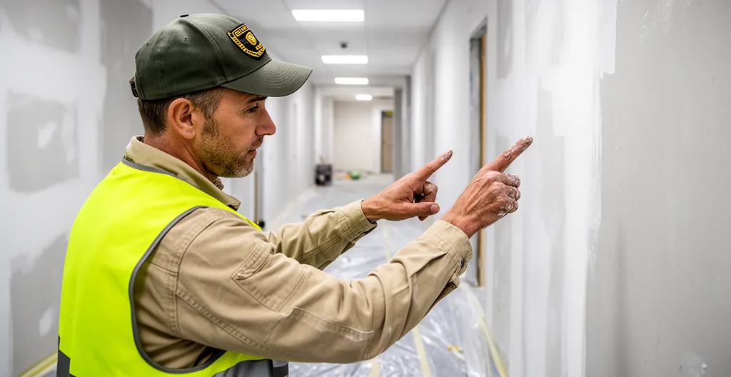 Responsable de chantier inspectant des travaux de peinture dans un couloir de bureaux