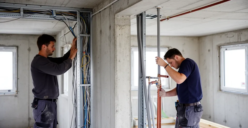 Chantier intérieur avec électricien et plombier travaillant dans des zones adjacentes