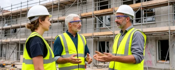 Chef de projet en gilet de sécurité discutant avec deux ouvriers sur un chantier de rénovation