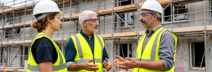 Chef de projet en gilet de sécurité discutant avec deux ouvriers sur un chantier de rénovation