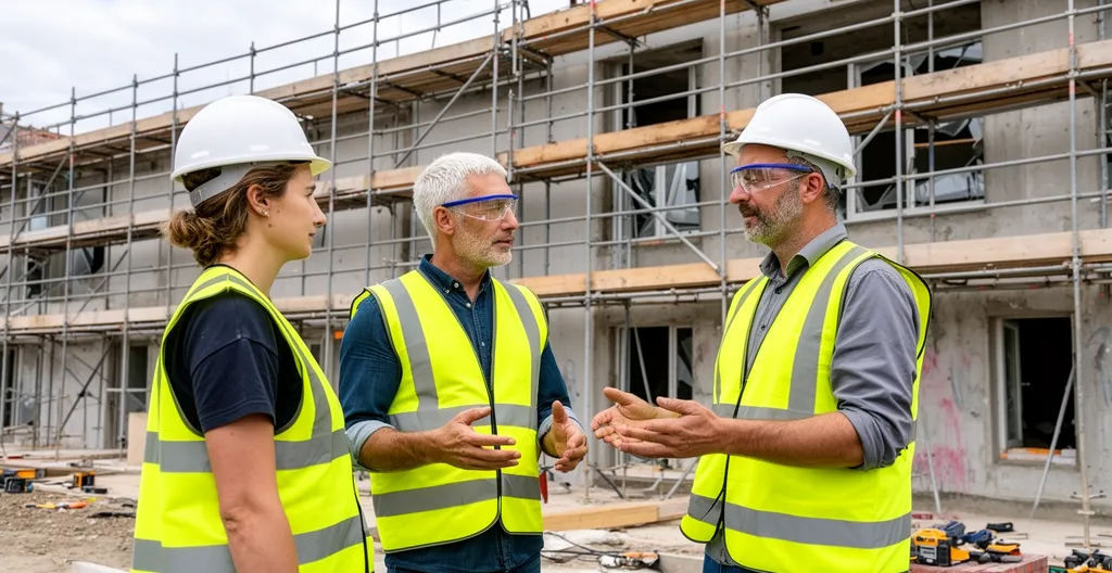 Chef de projet en gilet de sécurité discutant avec deux ouvriers sur un chantier de rénovation