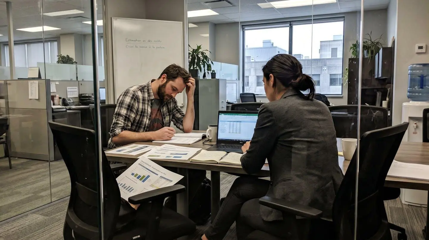 Deux personnes discutant de documents et d'estimations de travaux lors d'une rencontre professionnelle immobilière