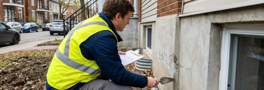 Inspecteur en bâtiment examinant la fondation extérieure d'un duplex résidentiel dans un quartier de Montréal