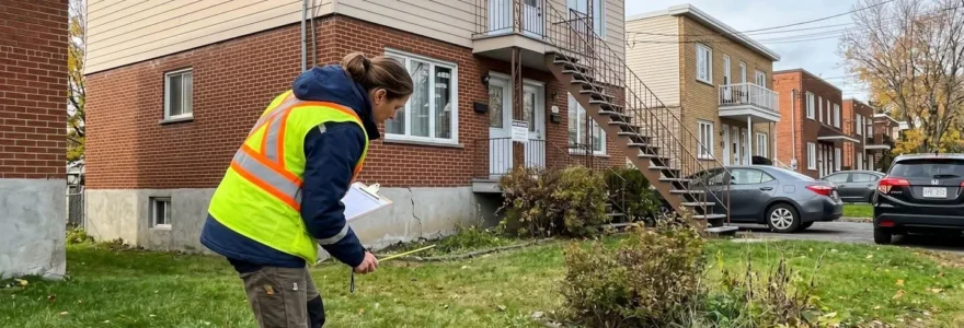 Inspecteur en bâtiment examinant la fondation extérieure d'un duplex résidentiel dans un quartier de Montréal