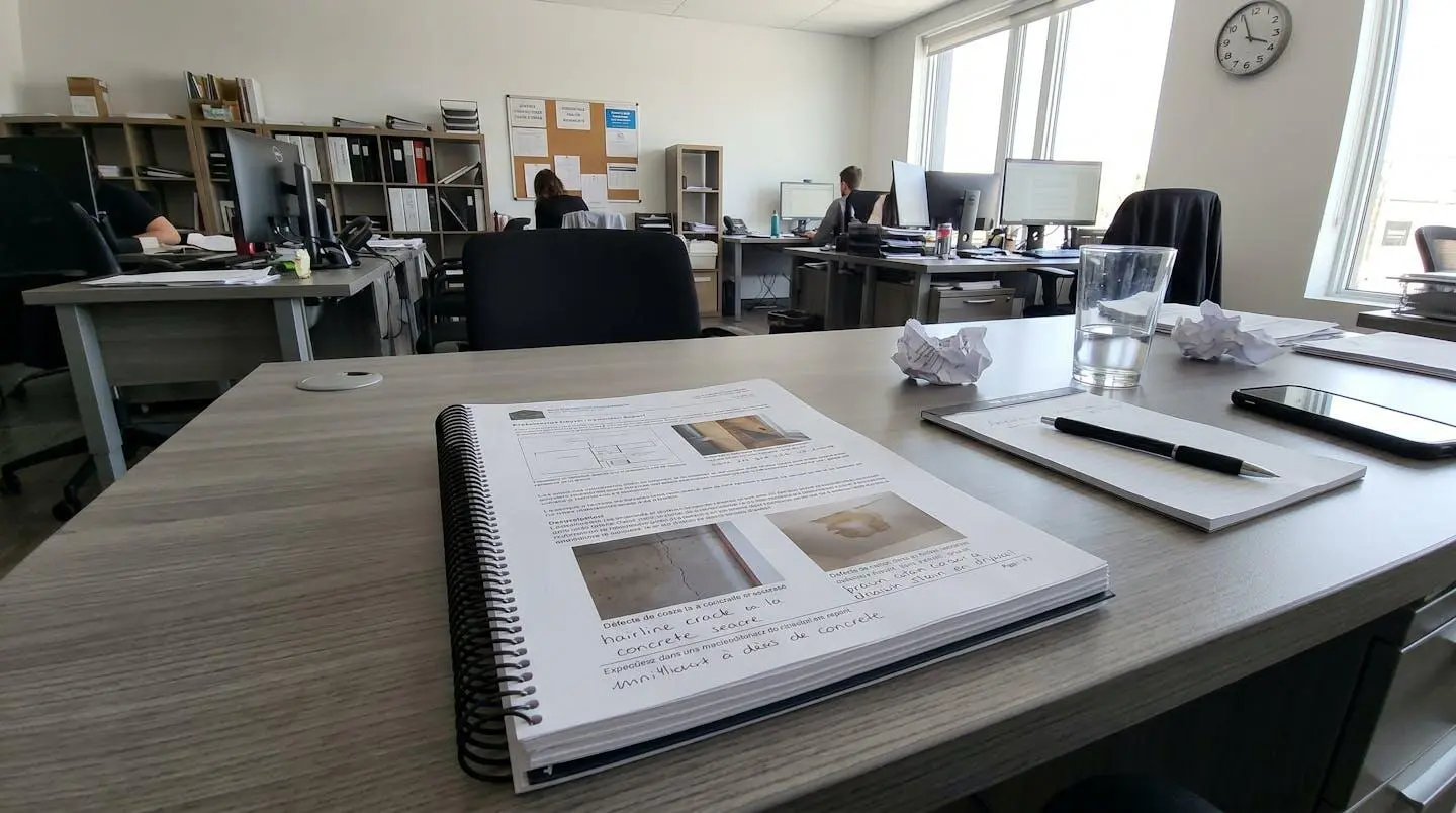Pages d'un rapport d'inspection de bâtiment détaillé avec sections techniques et photographies de défauts observés