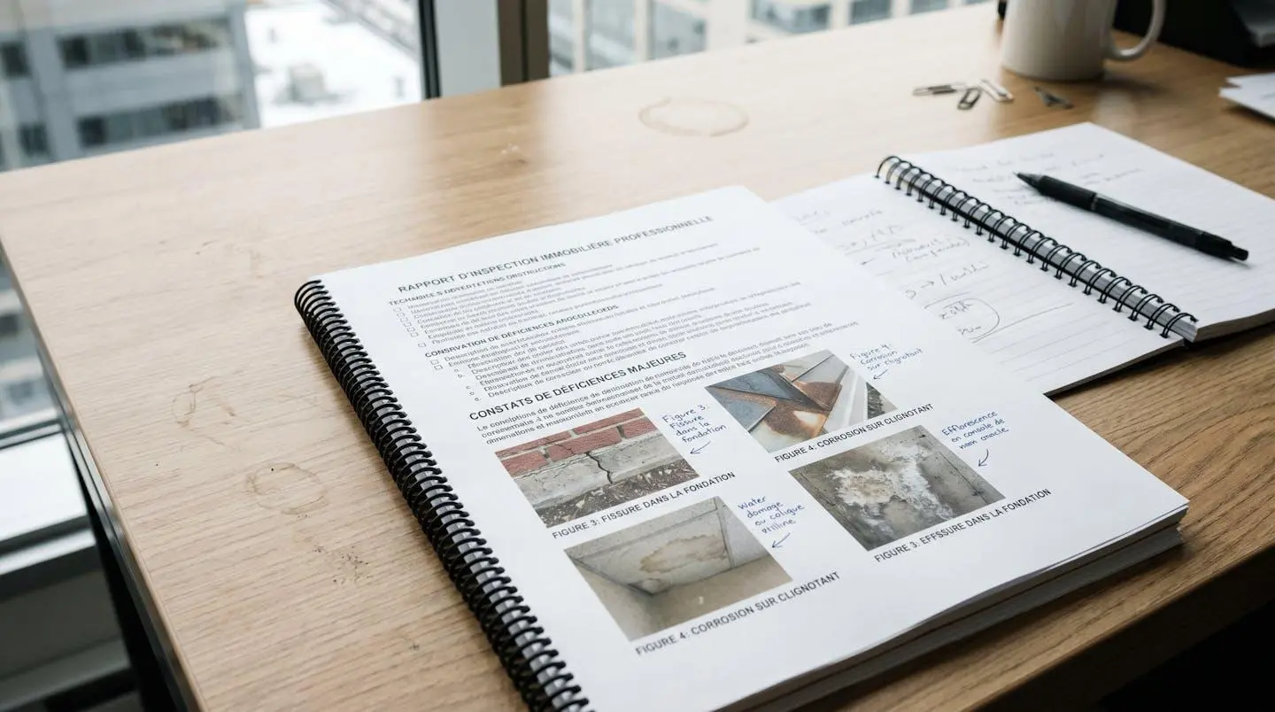 Pages d'un rapport d'inspection de bâtiment détaillé avec sections techniques et photographies de défauts observés