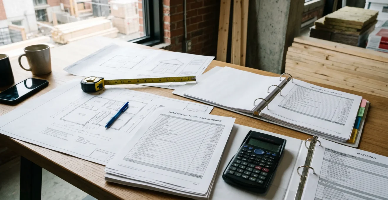 Bureau d'entrepreneur avec soumission détaillée, calculatrice et plans d'agrandissement de maison