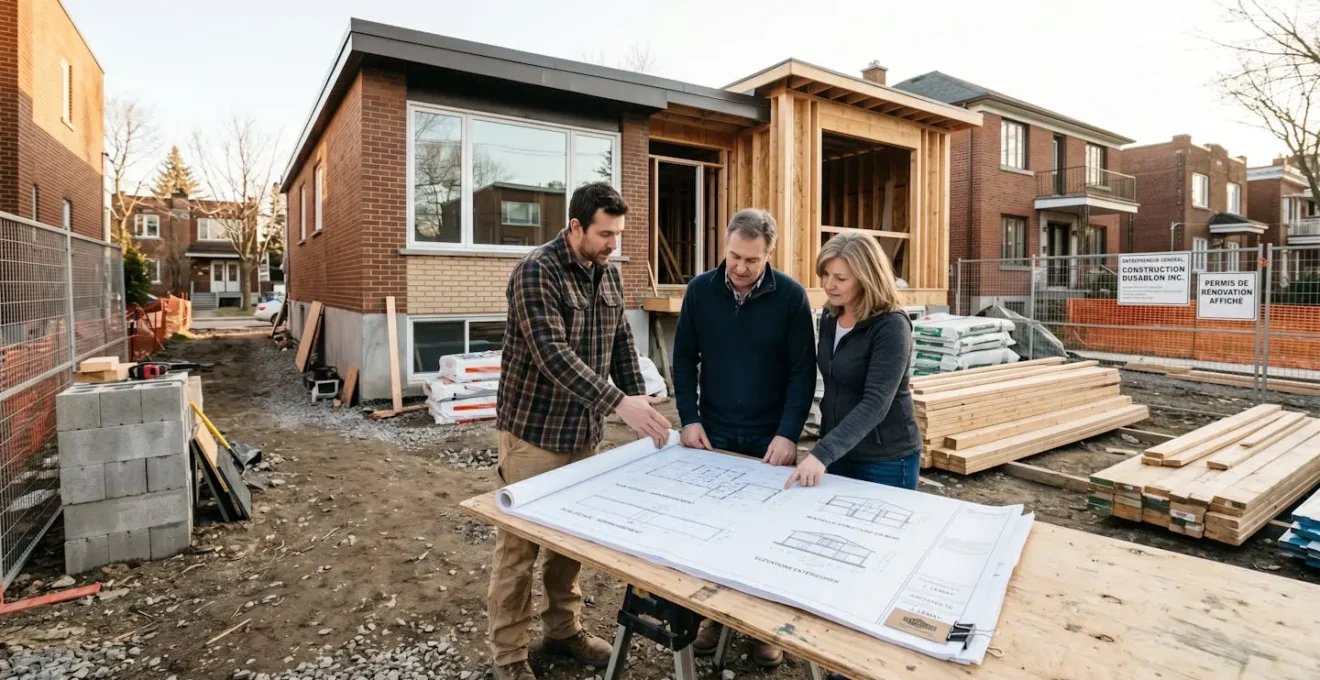 Entrepreneur général et propriétaires examinant plans d'agrandissement devant maison québécoise avec matériaux de construction