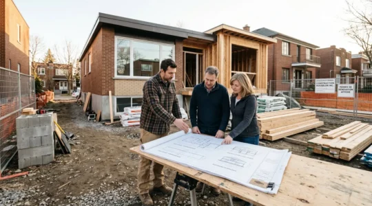 Entrepreneur général et propriétaires examinant plans d'agrandissement devant maison québécoise avec matériaux de construction