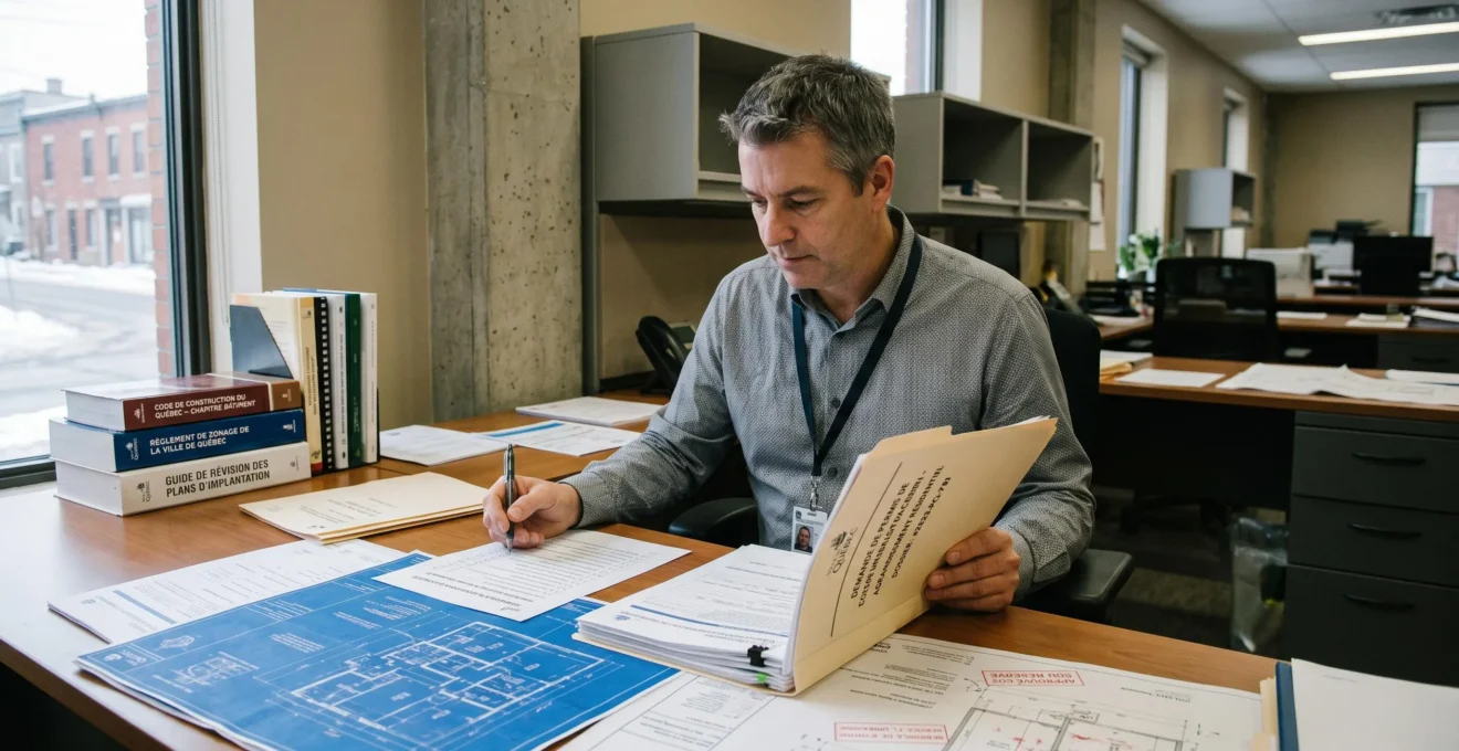 Fonctionnaire municipal examinant dossier de demande de permis pour agrandissement de maison
